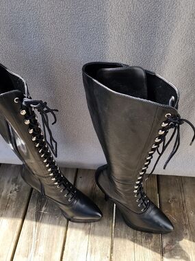 Pleaser Black Lace-Up Knee-High Stiletto Boots